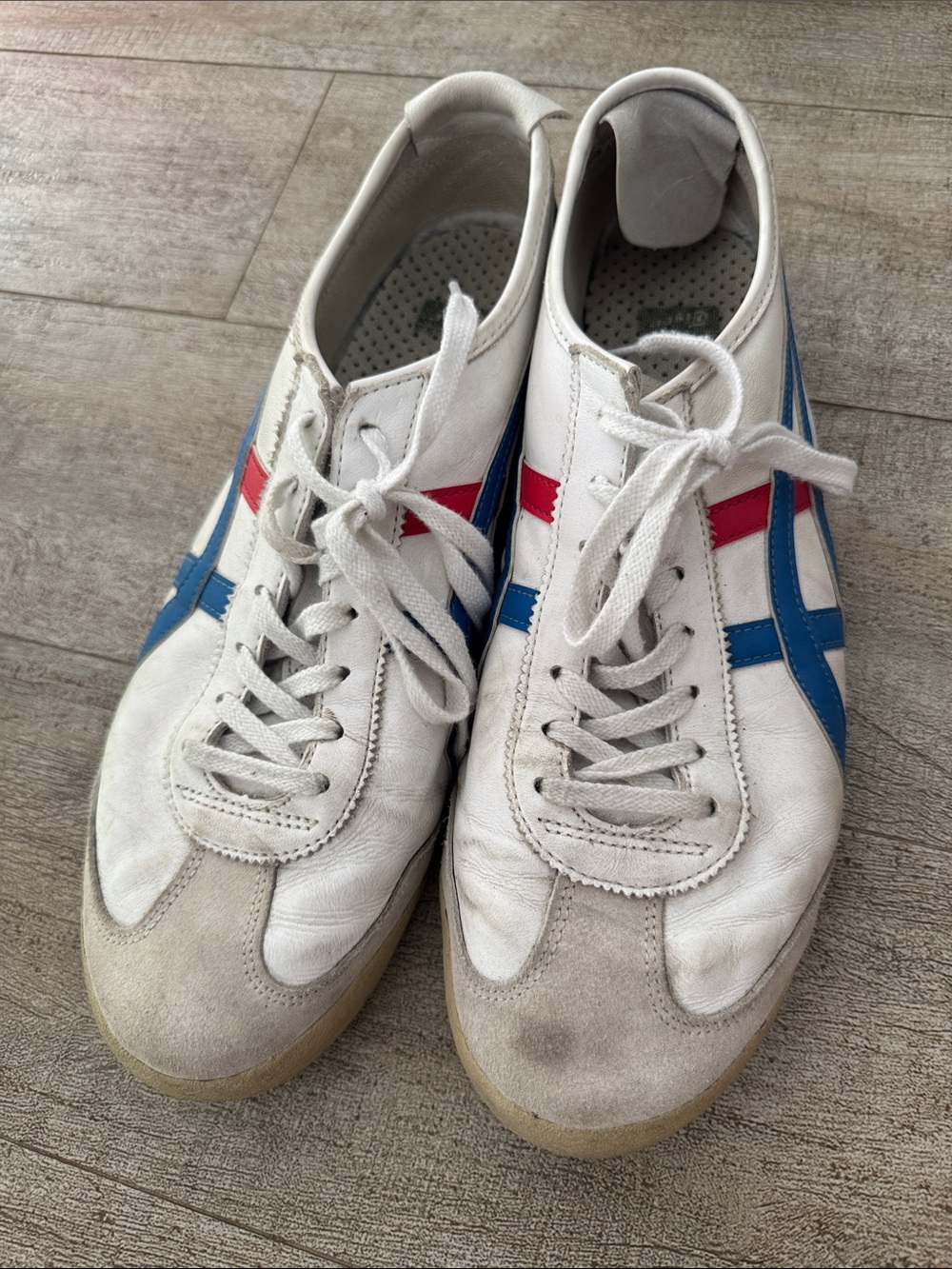 Onitsuka Tiger by Asics White Sneakers with Blue and Red Stripes